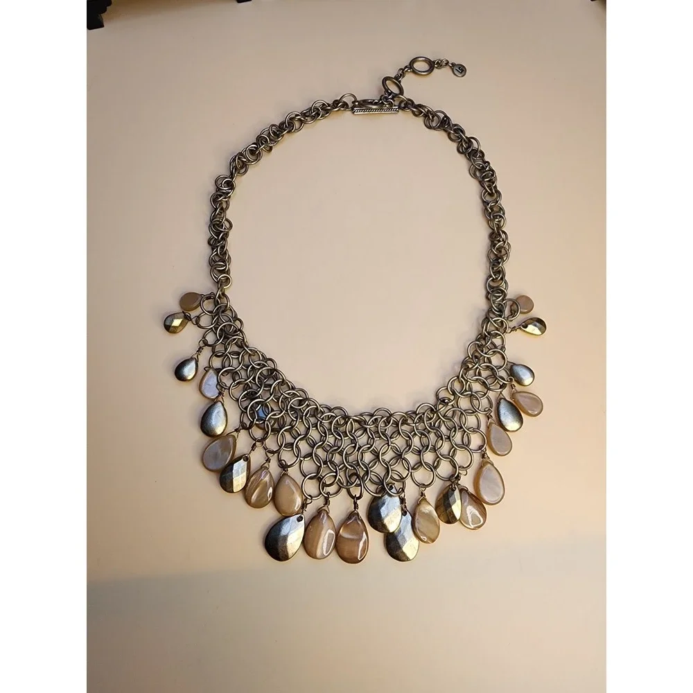 Vintage LIZ CLAIBORNE Signed Bib Necklace Chandelier of Faceted‎ Bronze Tone 15
